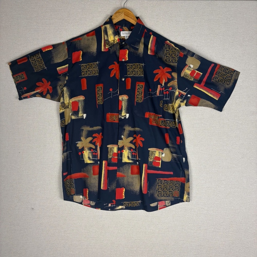 Vtg 80s Tuttle Golf Button Up Mens L Cotton Short Sleeve Abstract Tropical RARE
